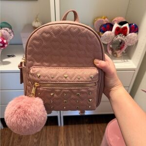 Pink Heart-Patterned Backpack with Pom Pom